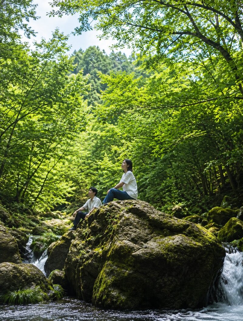川辺の岩でくつろぐ二人