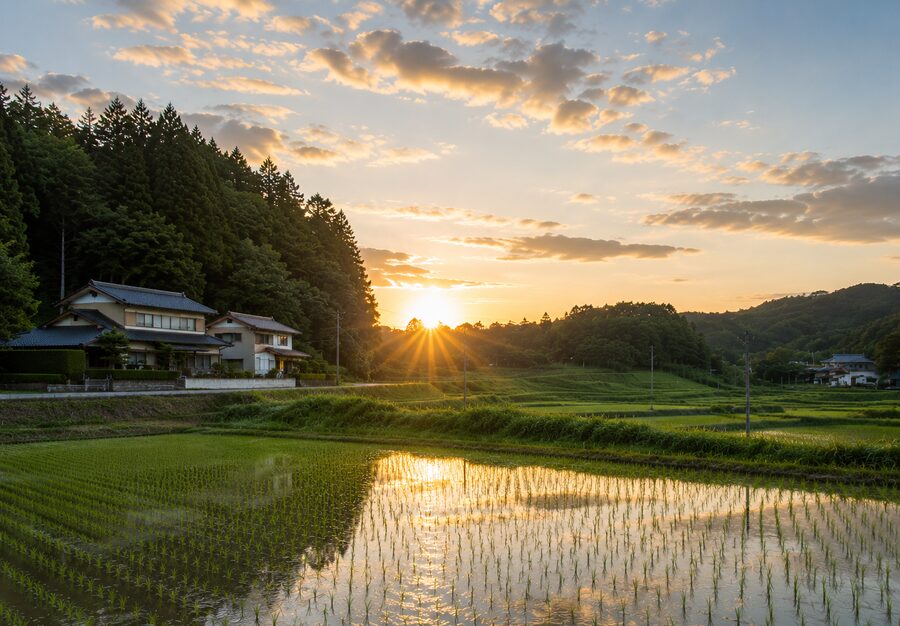 夕暮れの里山の風景